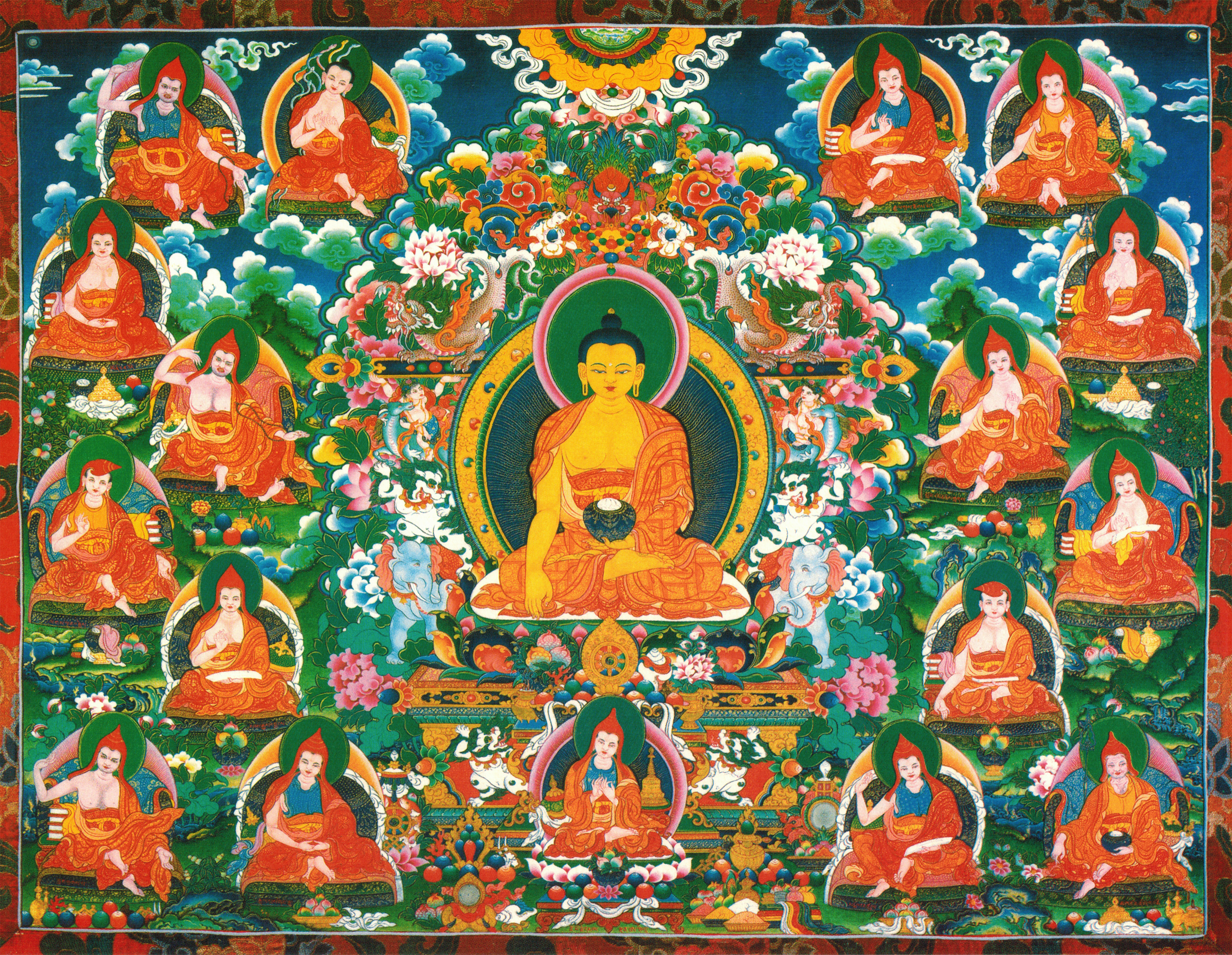 Художественная культура буддизма. Будда Шакьямуни тханка. Тибетская живопись тханка. Будда тибетская тханка. Будда и 16 Архатов.